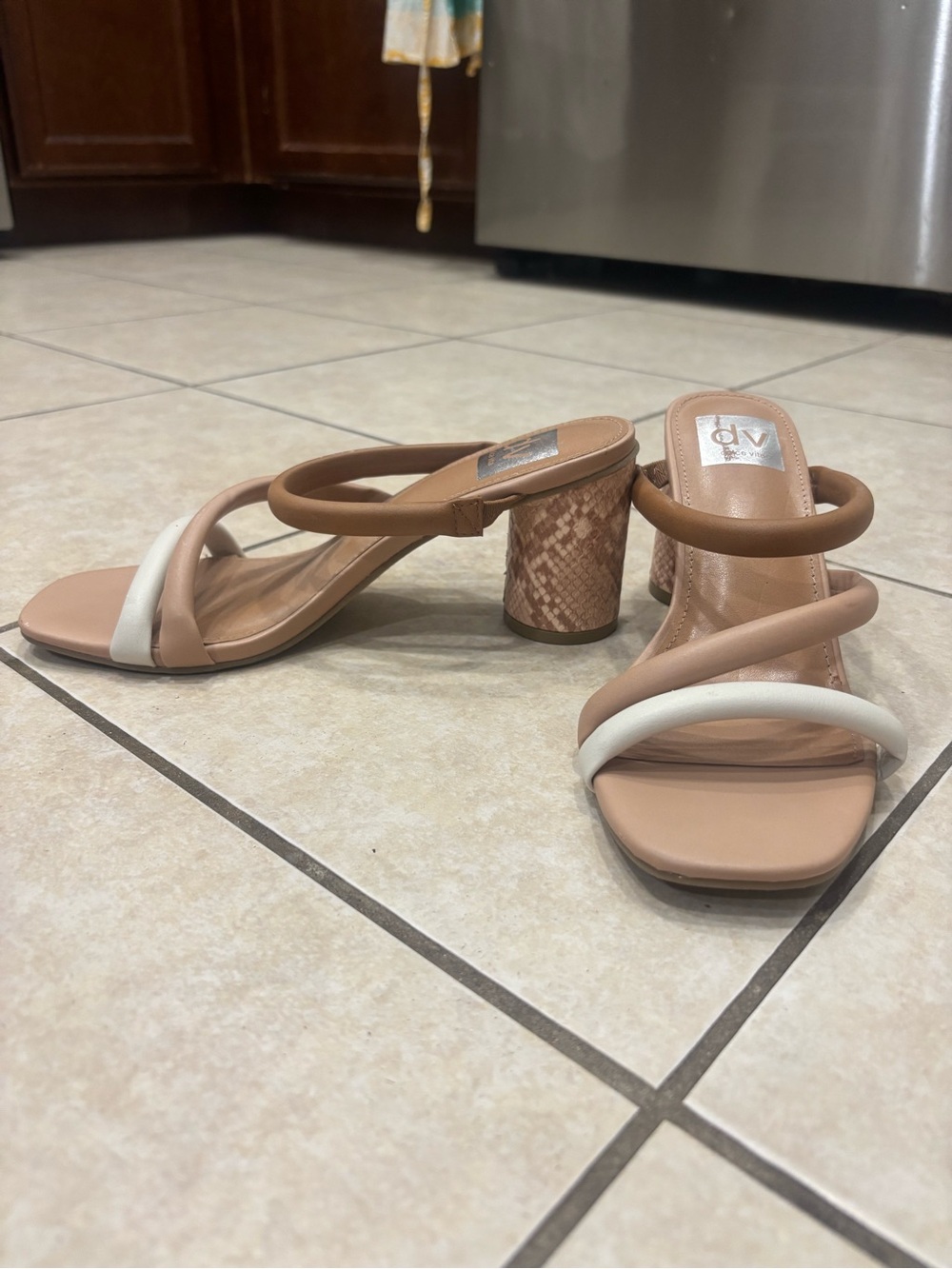 DV by Dolce Vita Beige and White Two-Strap Block Heel Sandals